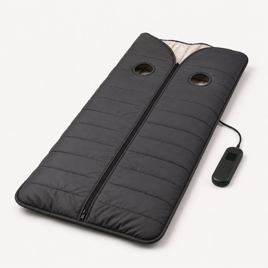 The RestWarm infrared sauna blanket, zipped, with its controller
