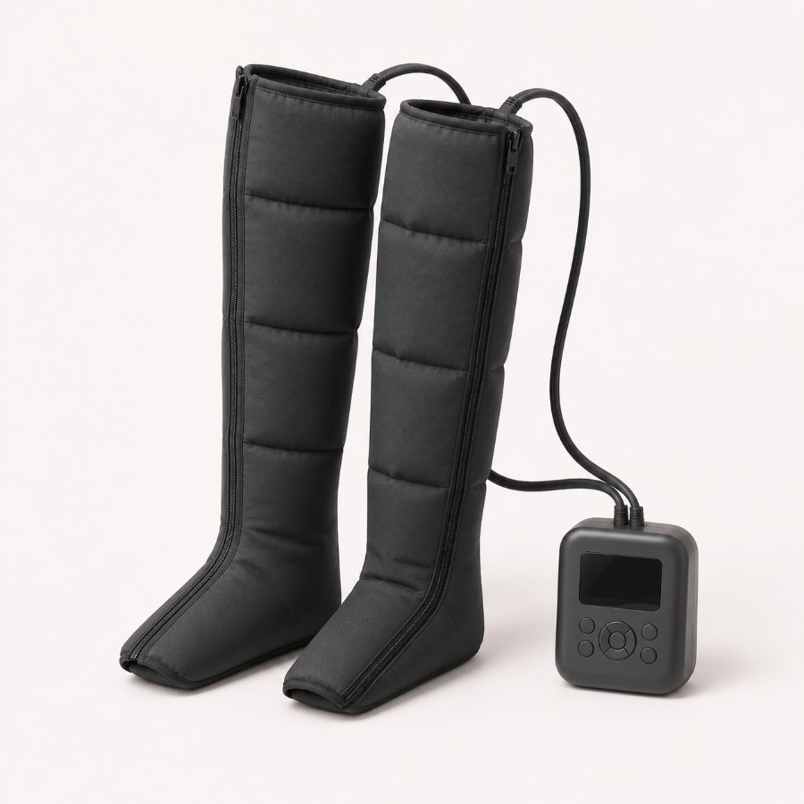 A pair of RestWarm compression boots with the controller