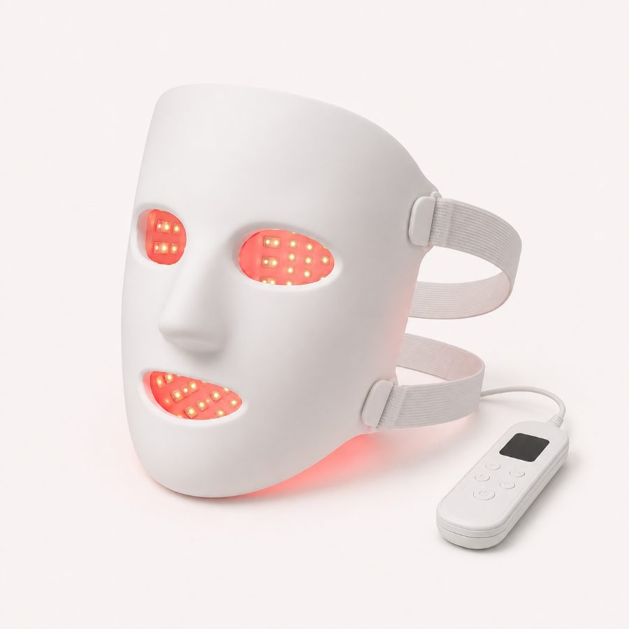 The RestWarm LED face mask, lit, with head straps and controller