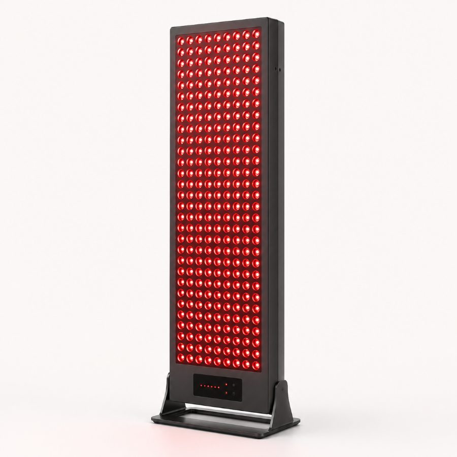 The RestWarm red light panel on its floor stand