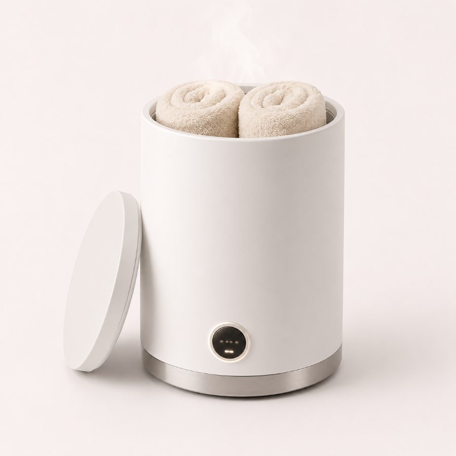 The RestWarm towel warmer with two rolled towels and the lid off